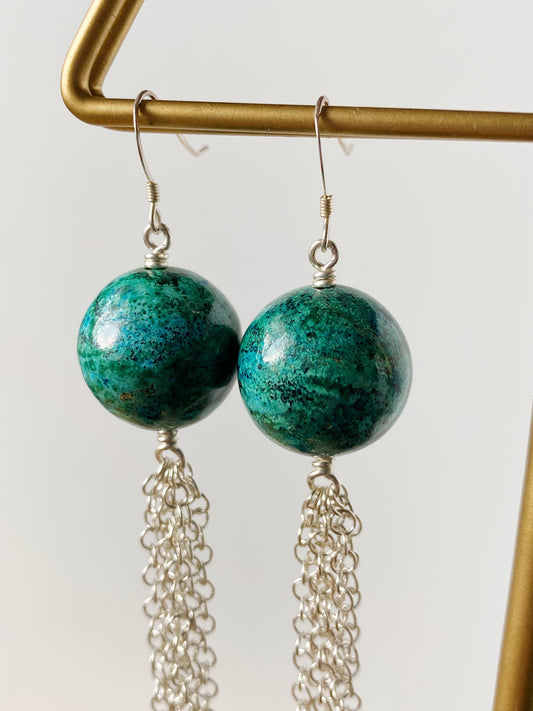 Large Chrysocolla Fringe Shoulder Duster Earrings