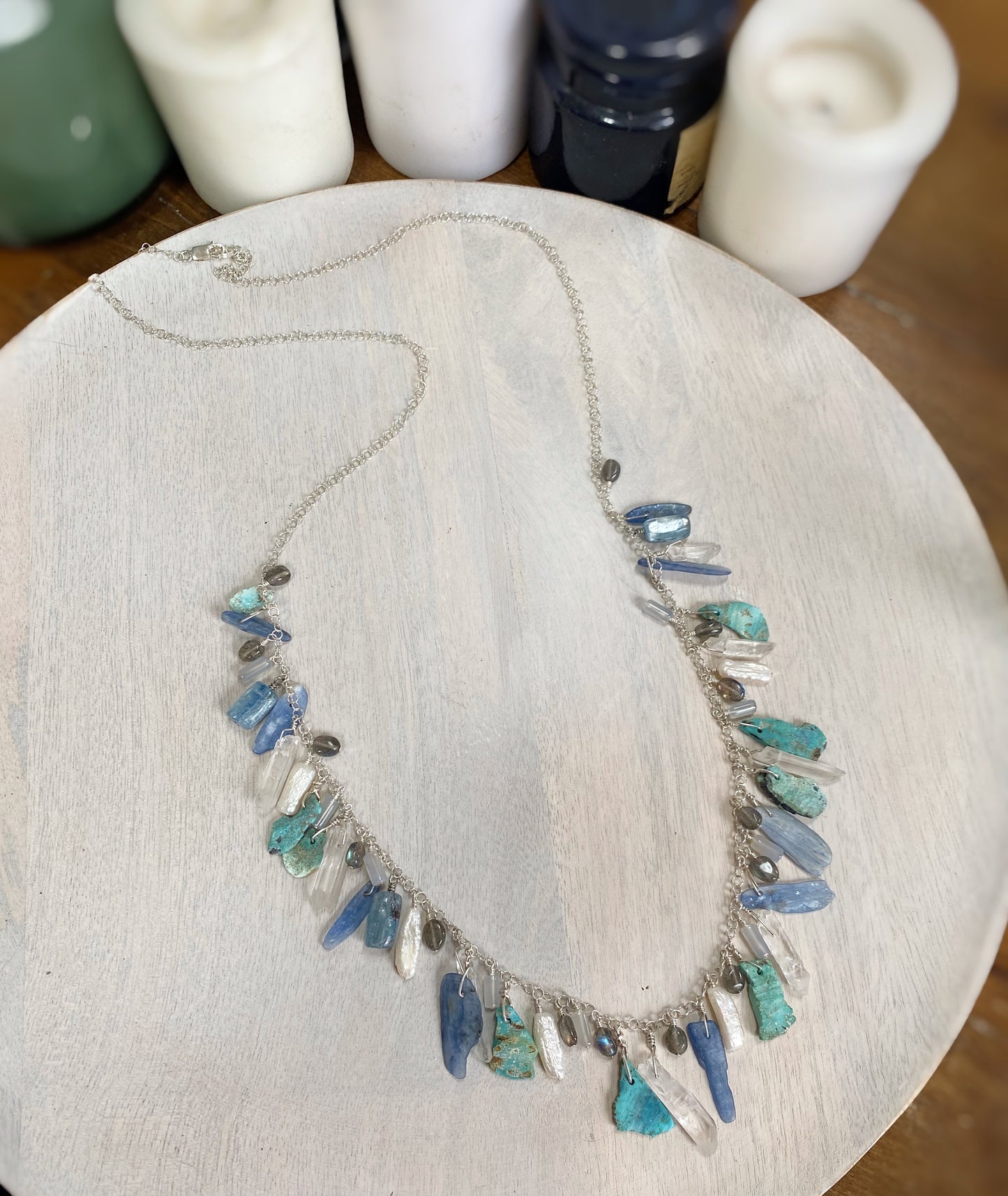 Turquoise, Kyanite, Rock Quartz, Freshwater Pearl, Chalcedony, and Labradorite Chain Necklace