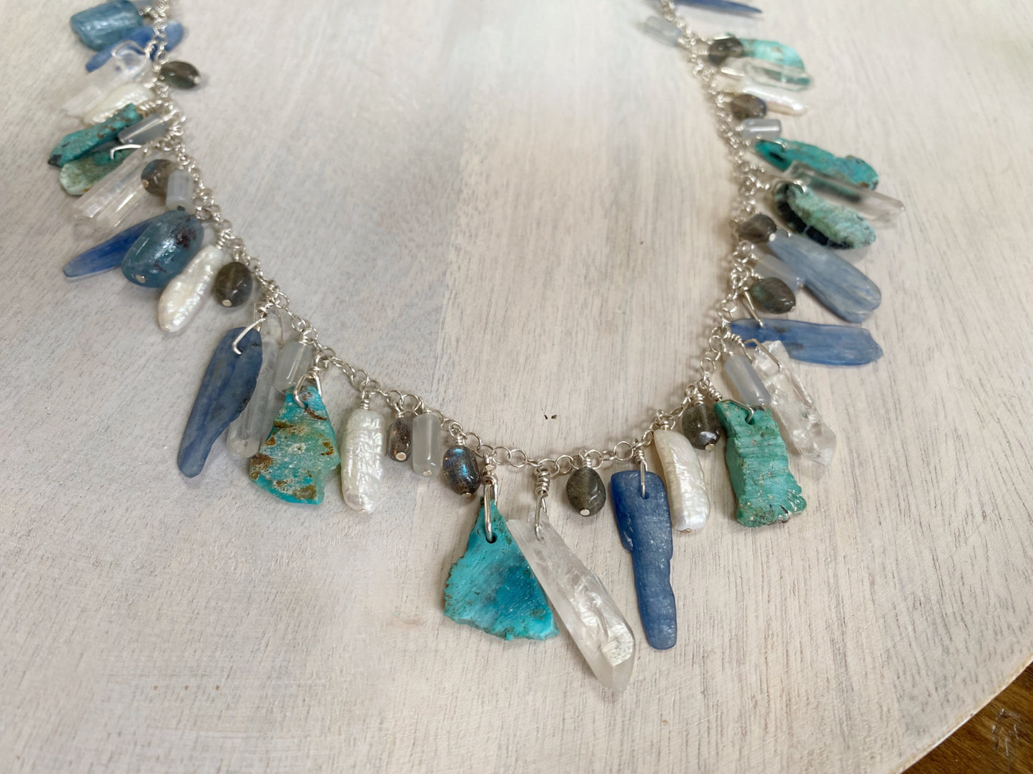 Turquoise, Kyanite, Rock Quartz, Freshwater Pearl, Chalcedony, and Labradorite Chain Necklace