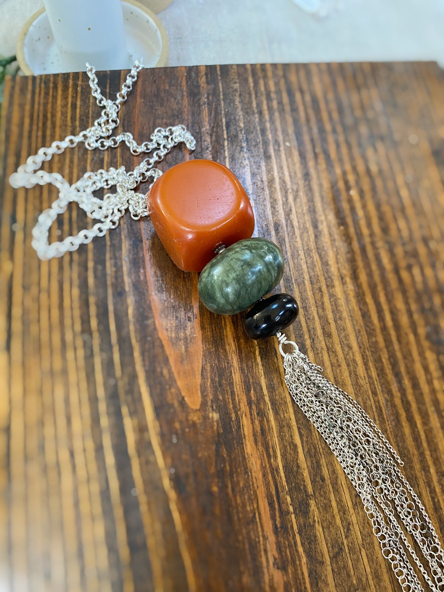 Old XL Amber, Jade & Jet Fringe Necklace