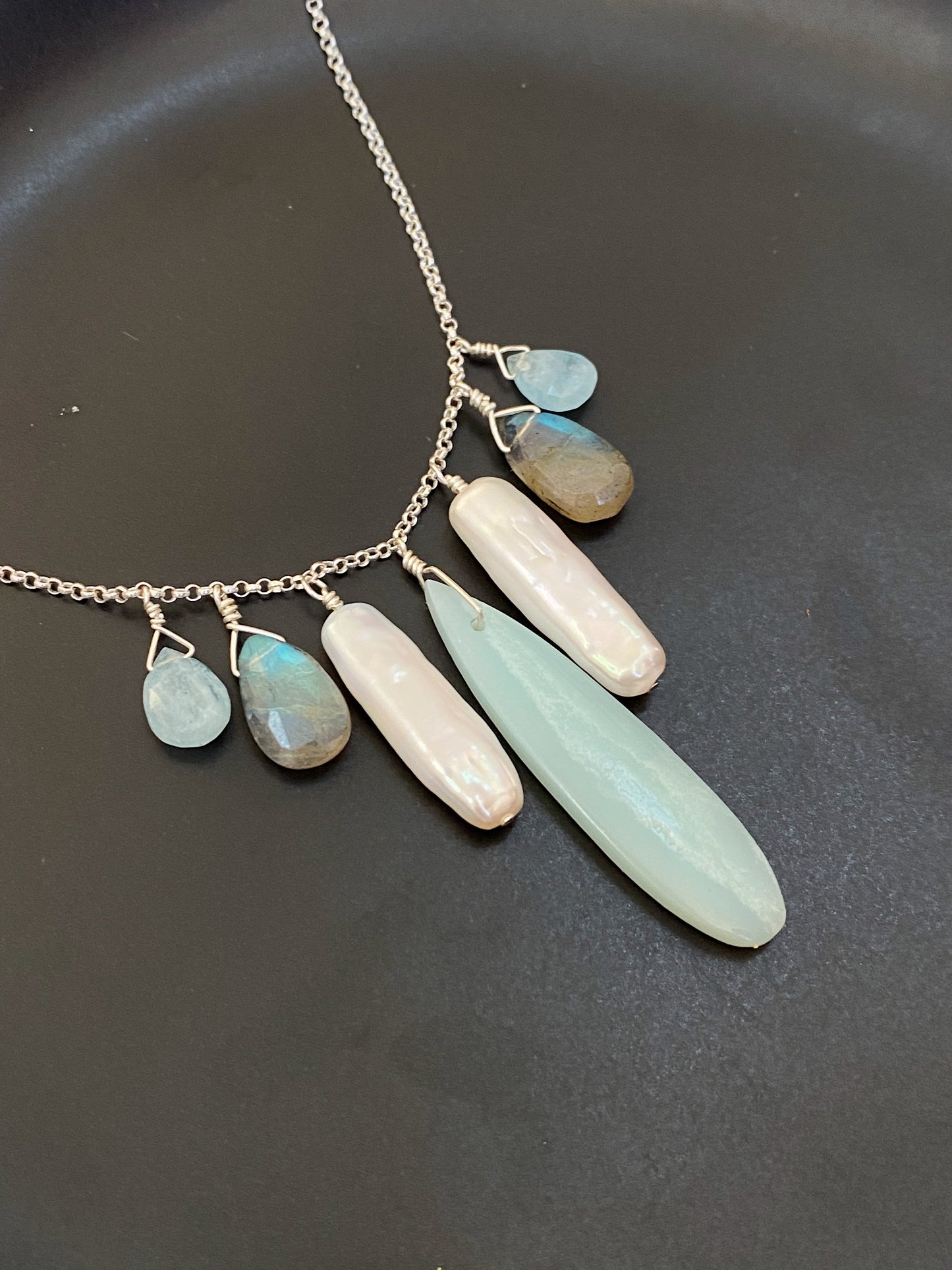 Amazonite, Freshwater Pearl, Labradorite, & Aquamarine Fringe Necklace