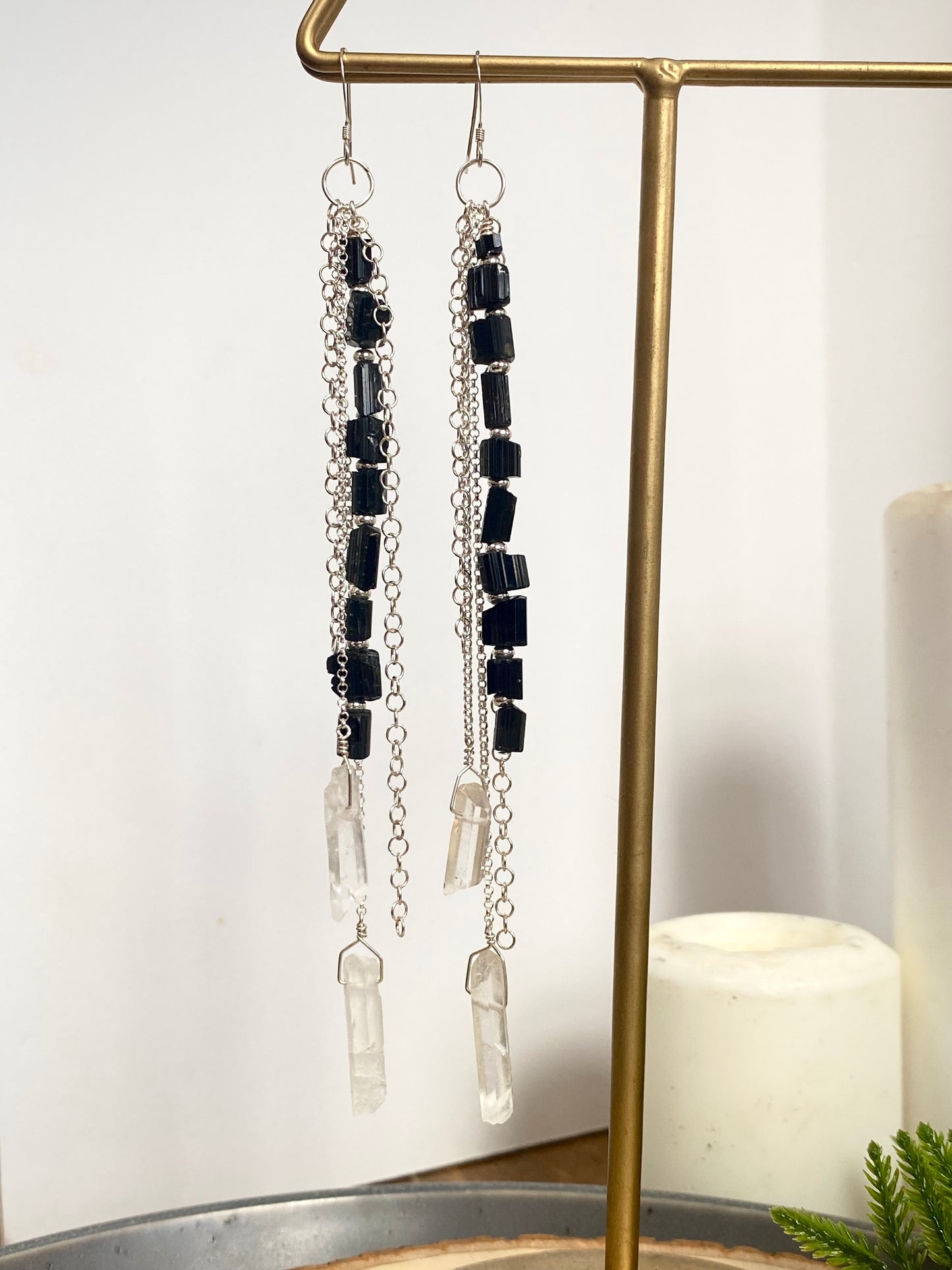 Black Tourmaline, Rock Quartz & Sterling Chain Shoulder Duster Earrings