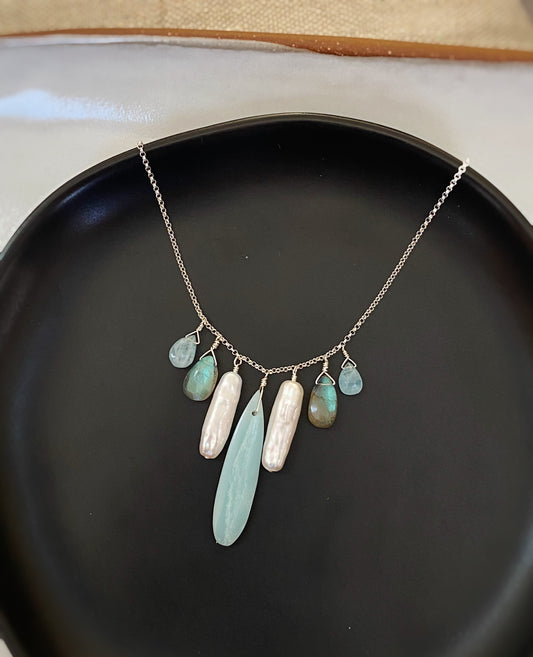 Amazonite, Freshwater Pearl, Labradorite, & Aquamarine Fringe Necklace