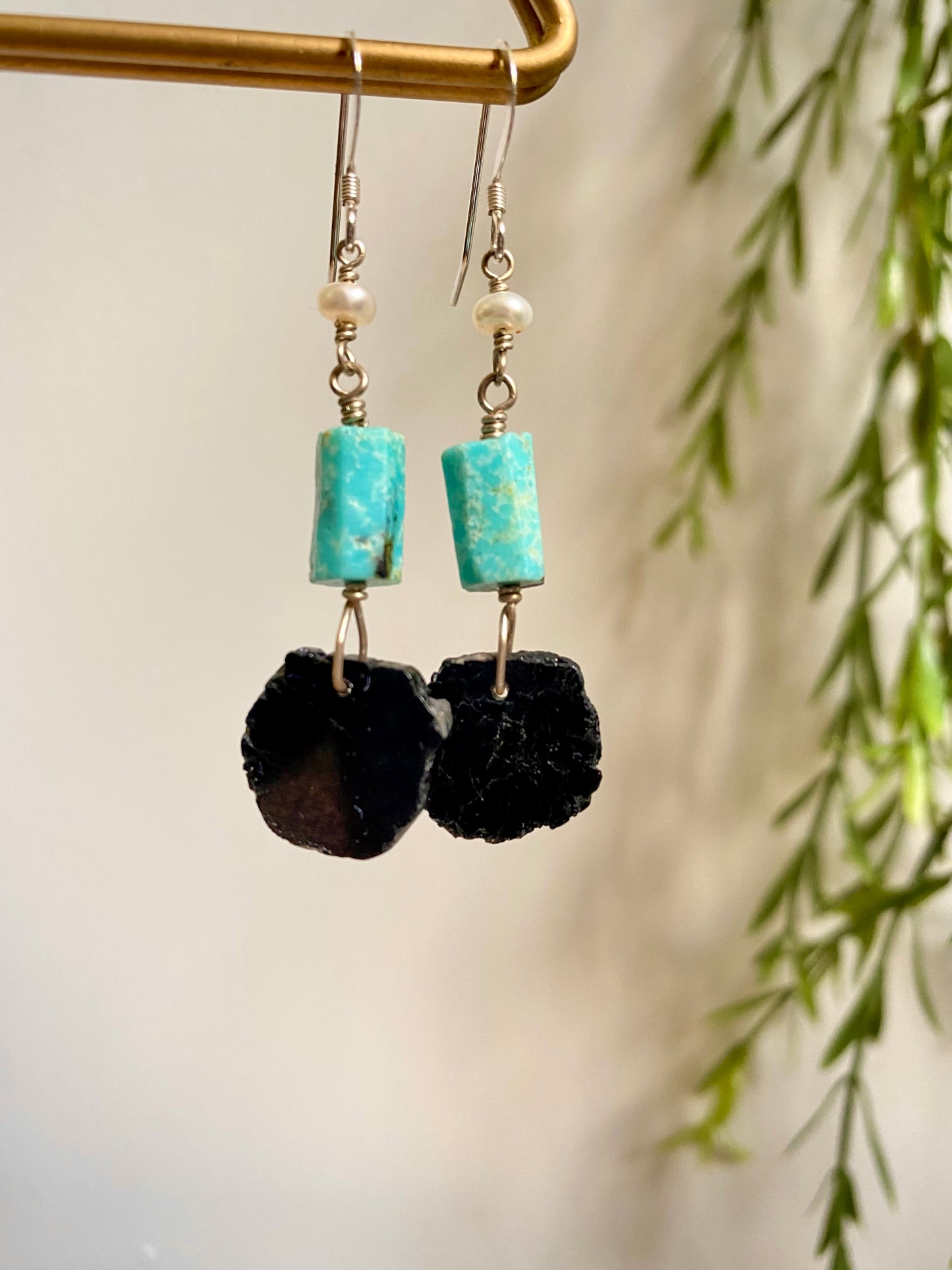 Raw Black Tourmaline Slices, Turquoise  & Freshwater Pearl Earrings