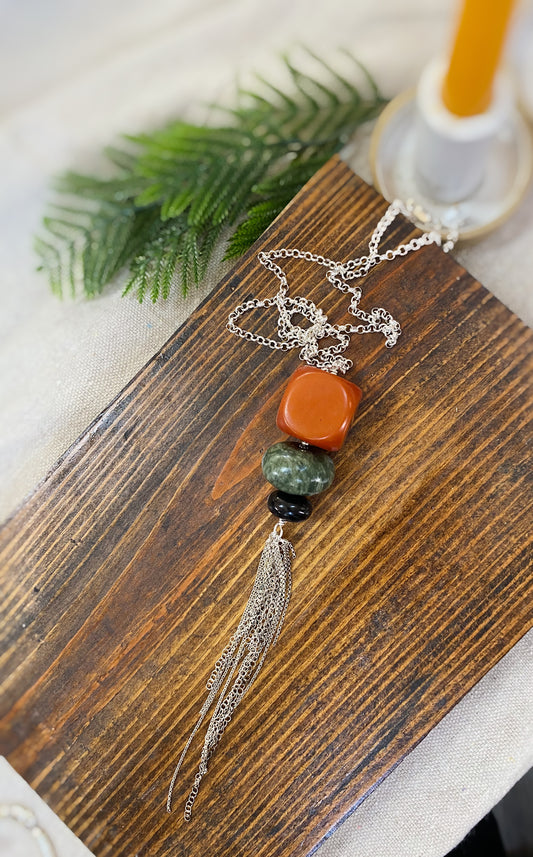 Old XL Amber, Jade & Jet Fringe Necklace