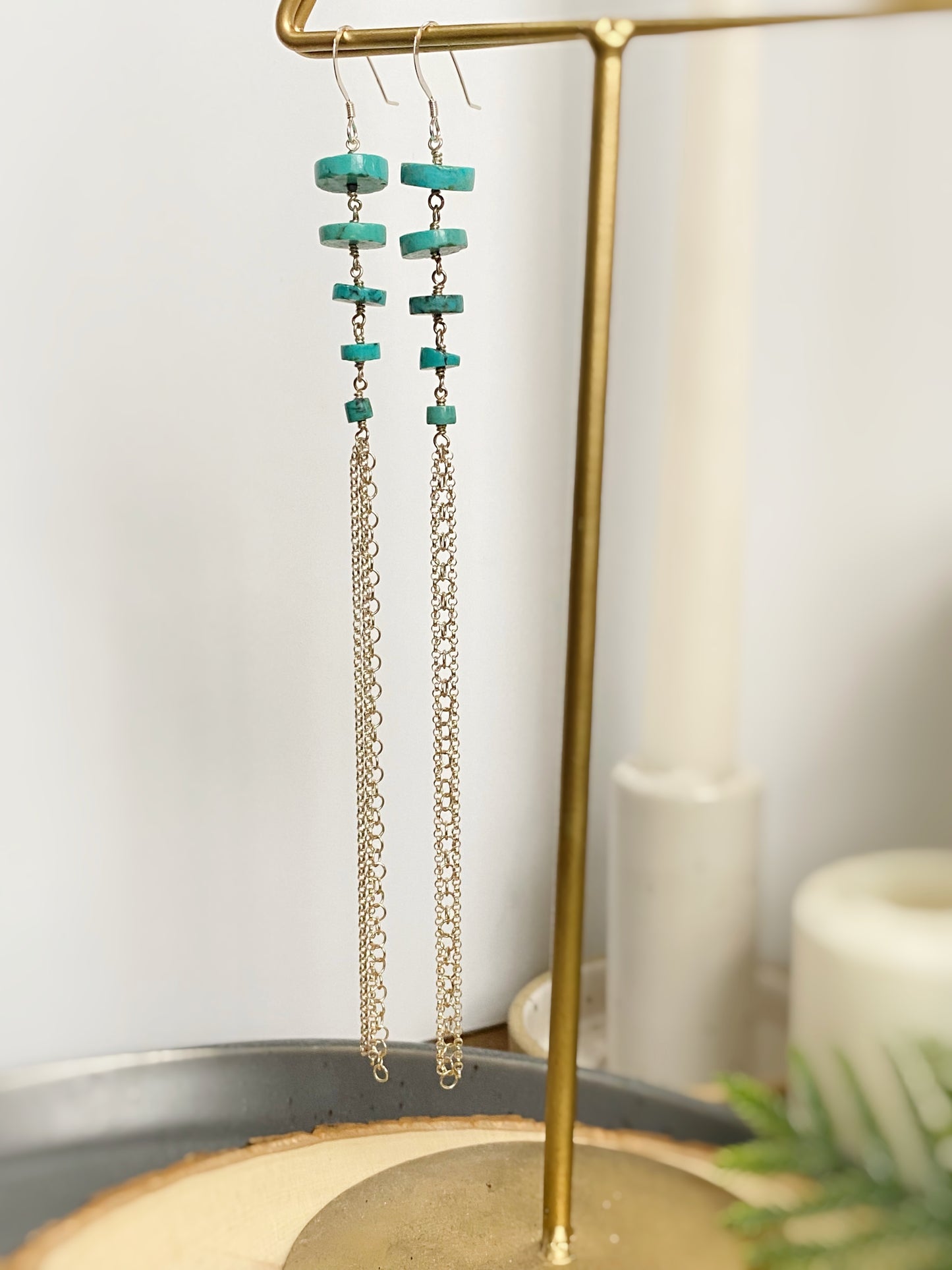 Linked Turquoise Chain Fringe Shoulder Duster Earrings