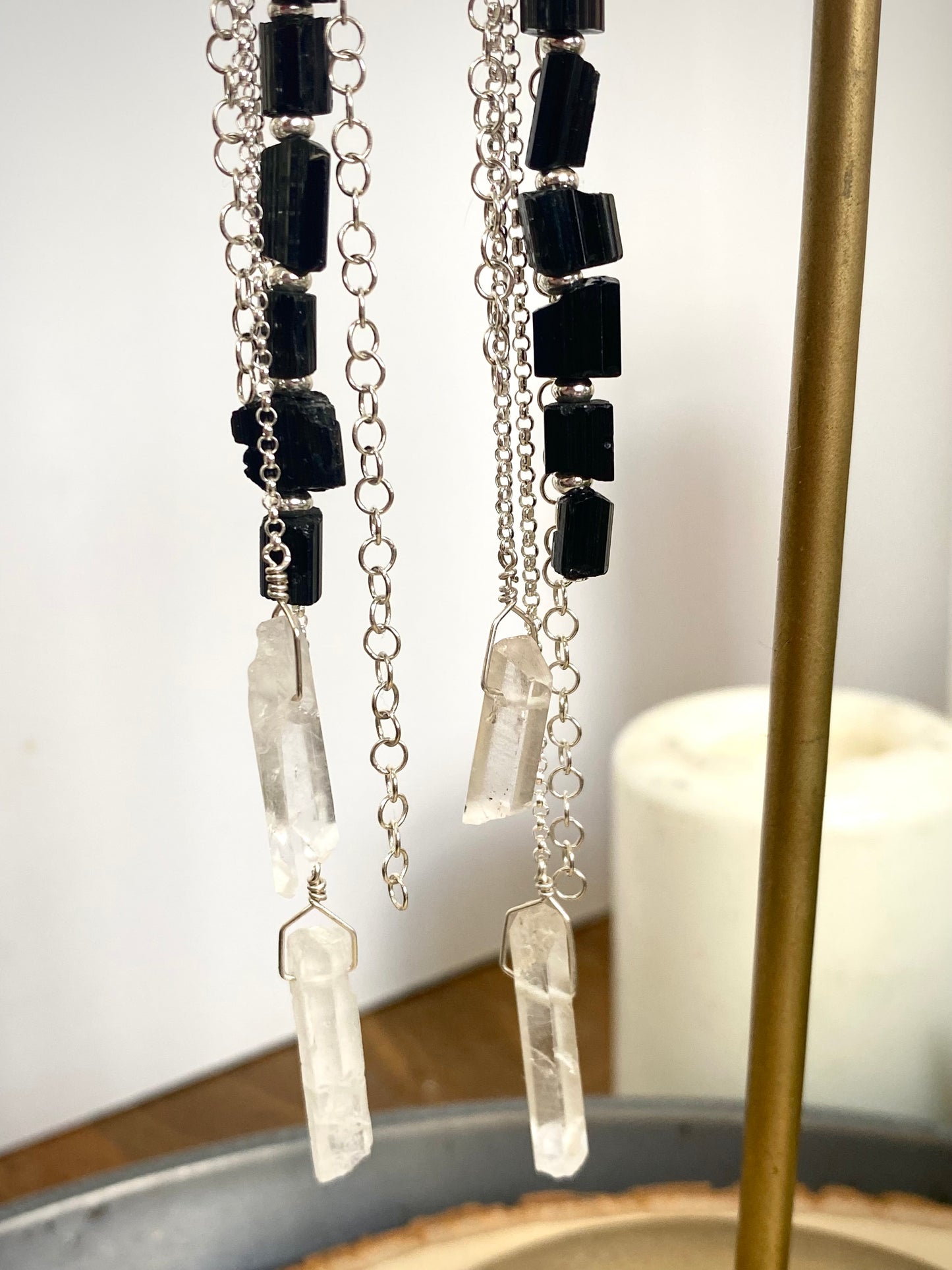 Black Tourmaline, Rock Quartz & Sterling Chain Shoulder Duster Earrings