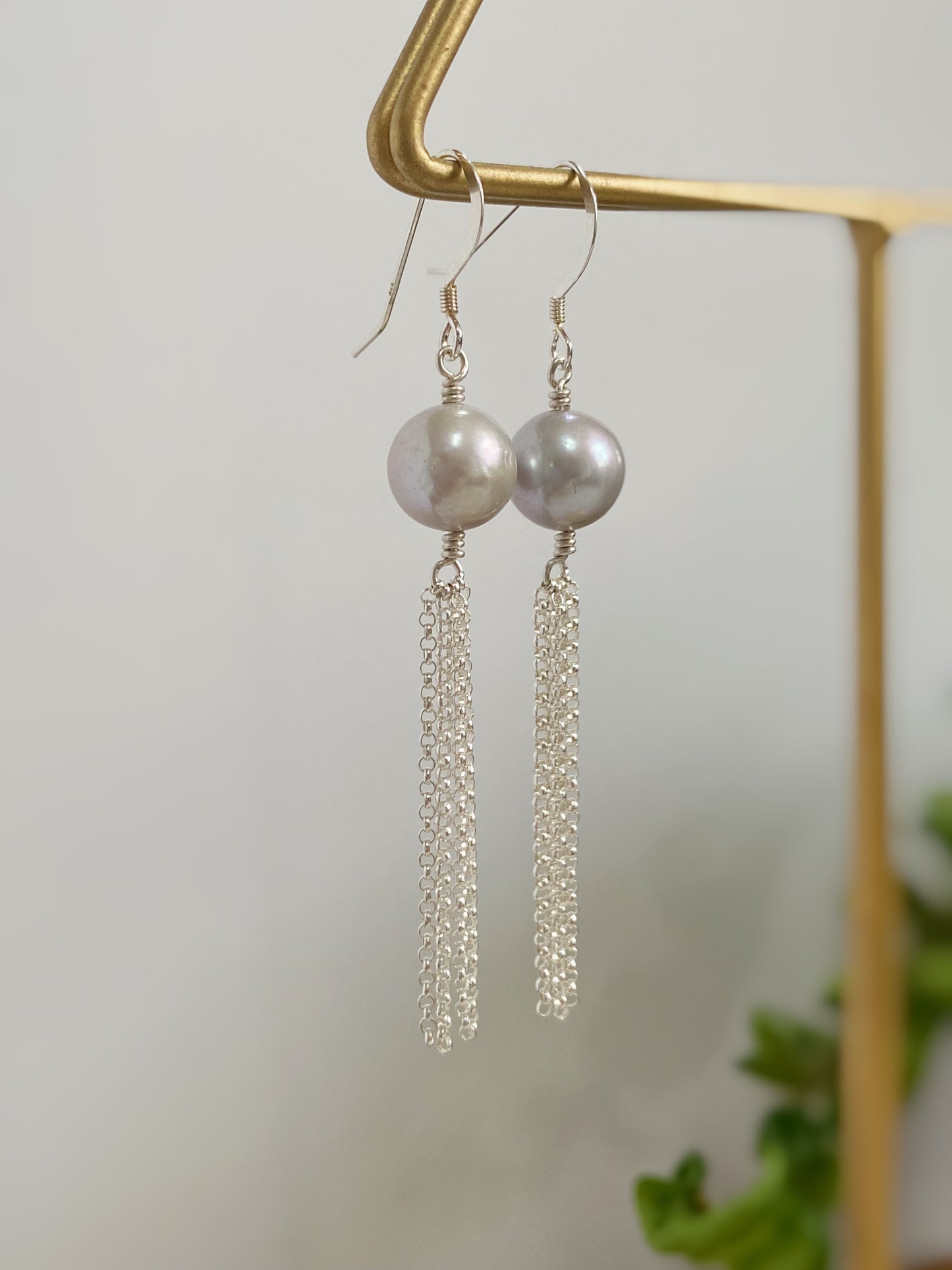 Grey Freshwater Pearl Chain Fringe Earrings