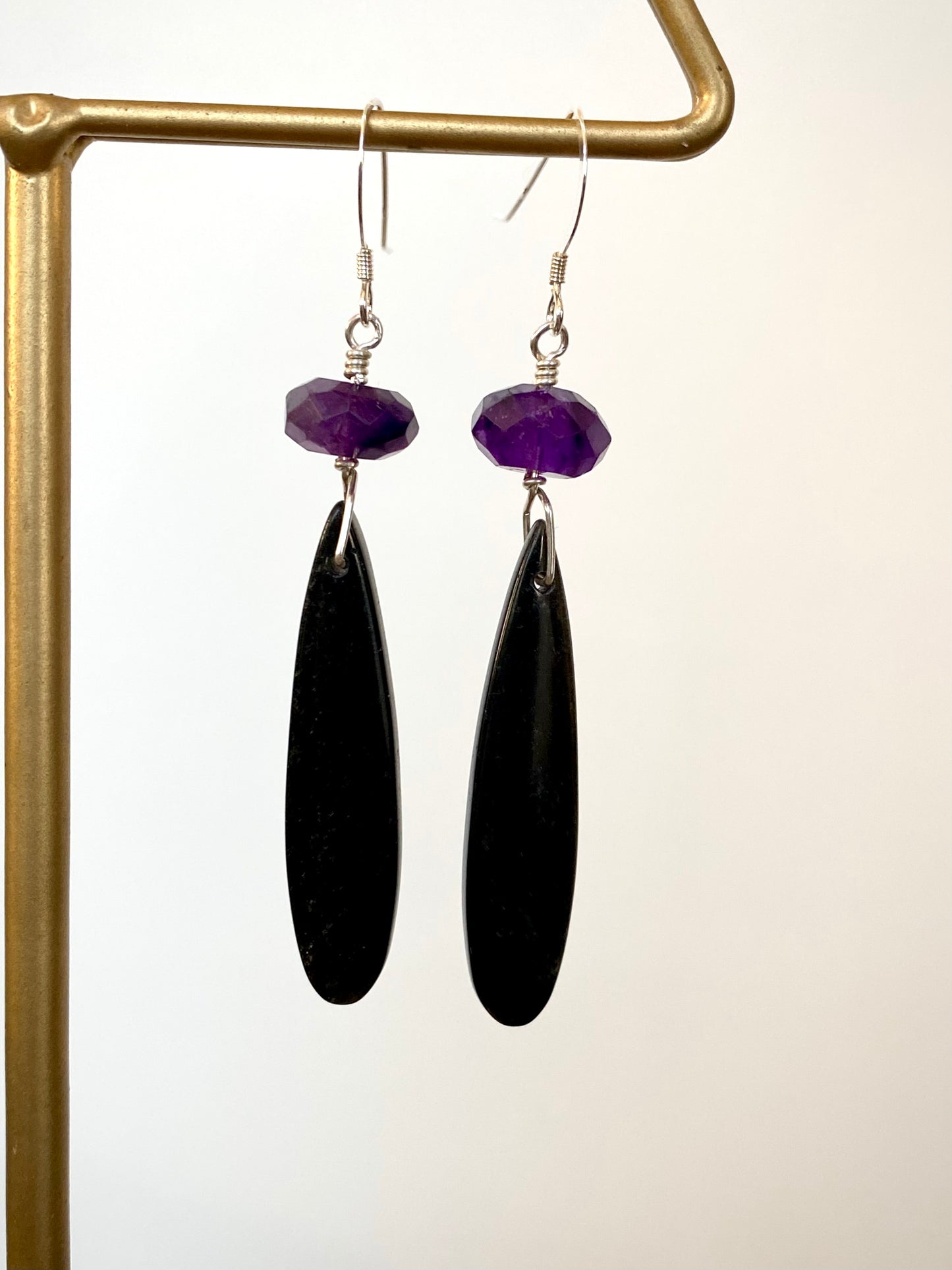 Long Black Obsidian & Amethyst Earrings