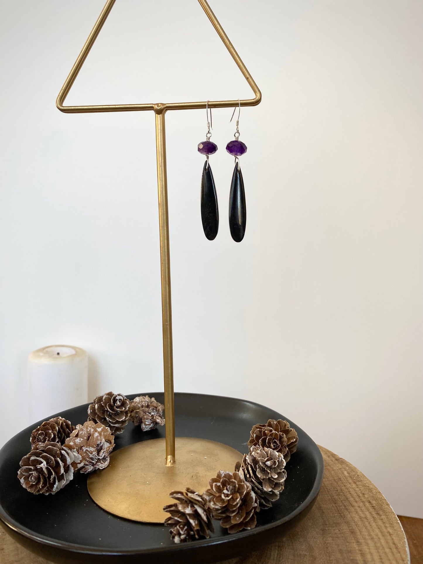 Long Black Obsidian & Amethyst Earrings