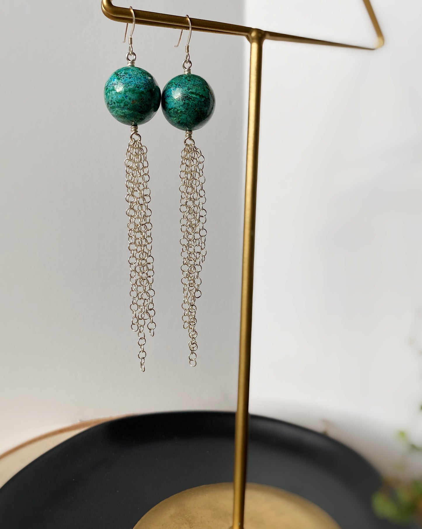 Large Chrysocolla Fringe Shoulder Duster Earrings