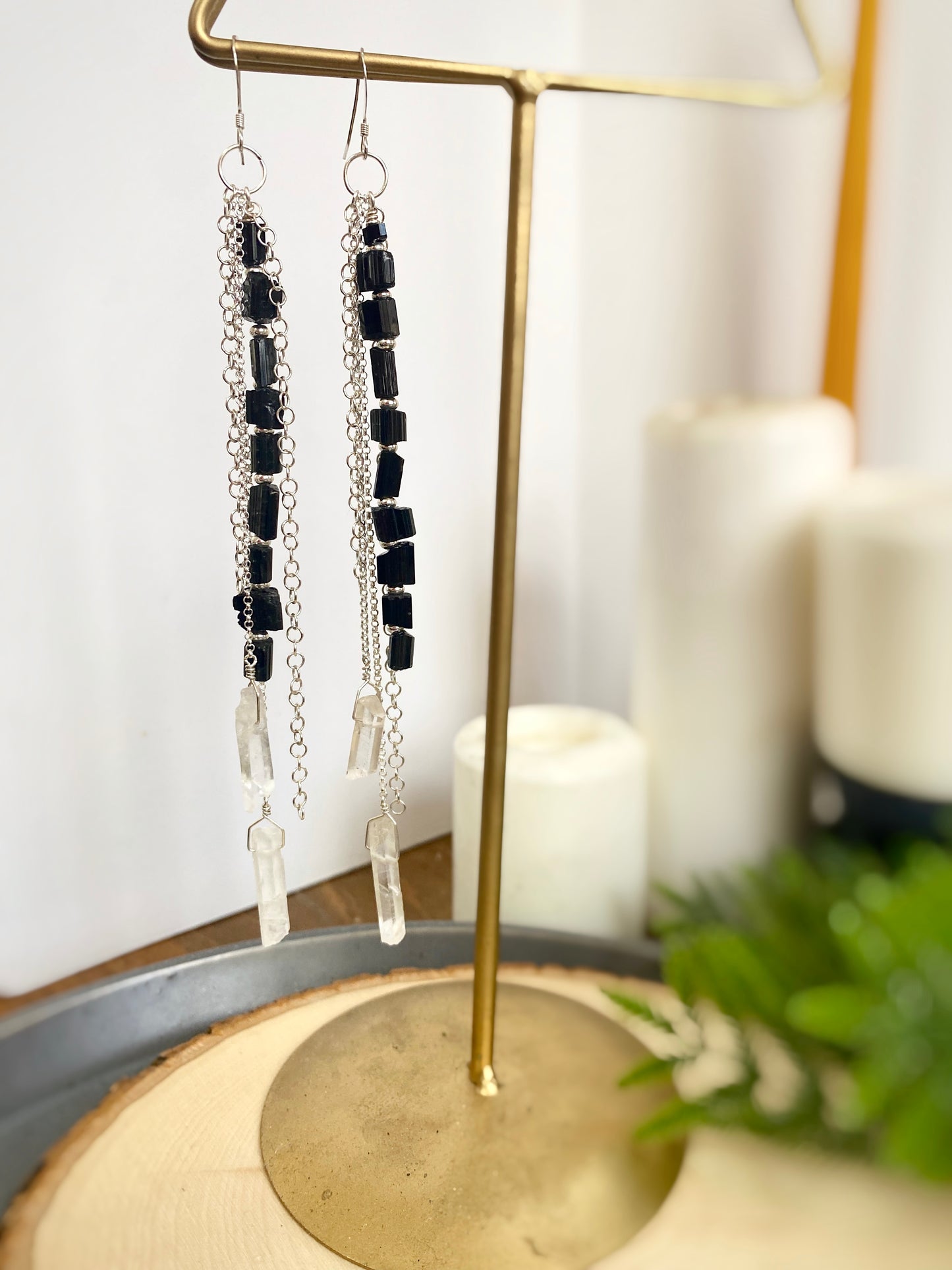 Black Tourmaline, Rock Quartz & Sterling Chain Shoulder Duster Earrings