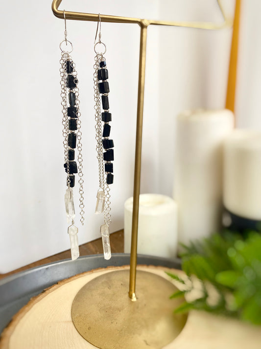 Black Tourmaline, Rock Quartz & Sterling Chain Shoulder Duster Earrings