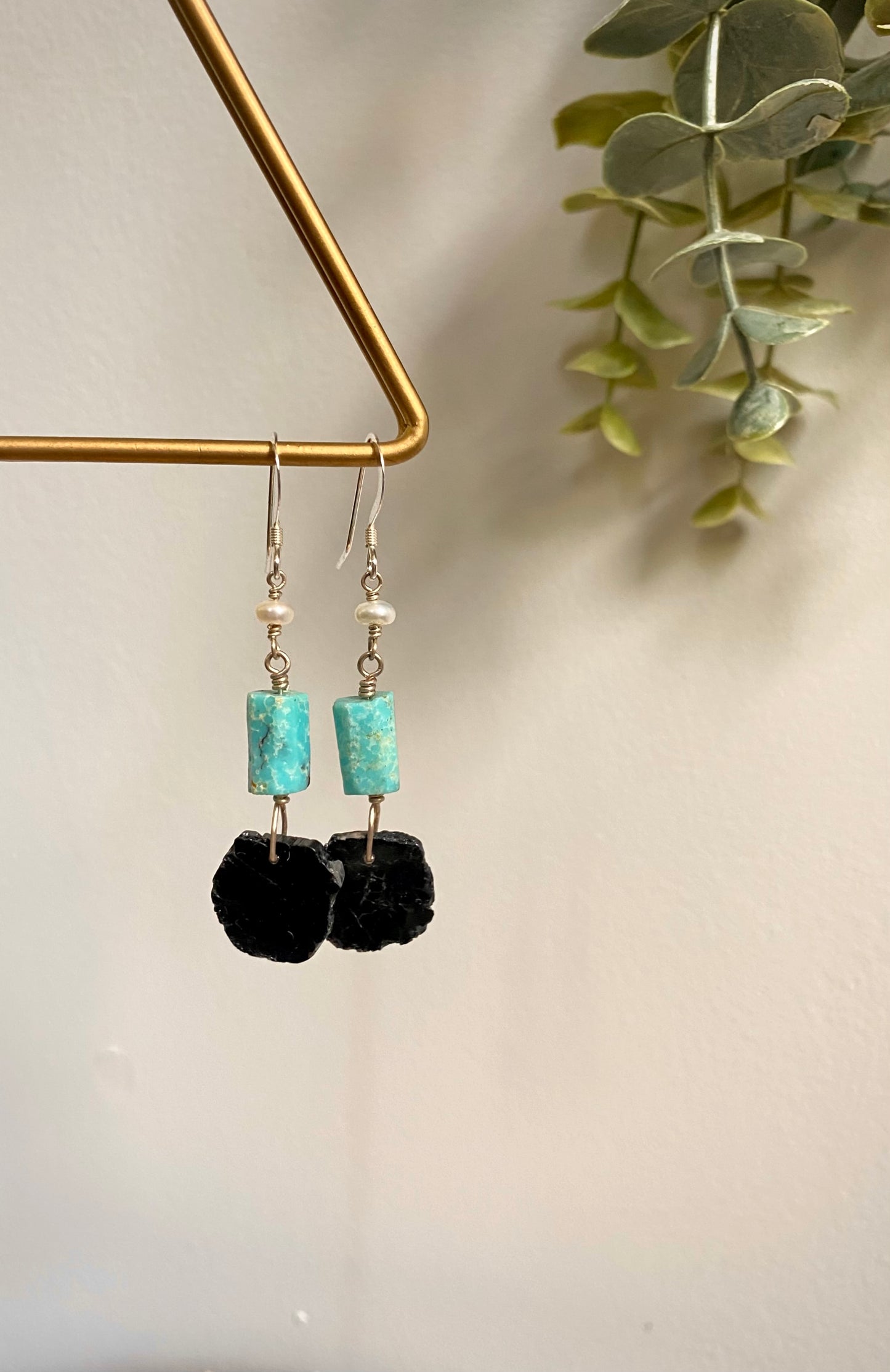 Raw Black Tourmaline Slices, Turquoise  & Freshwater Pearl Earrings