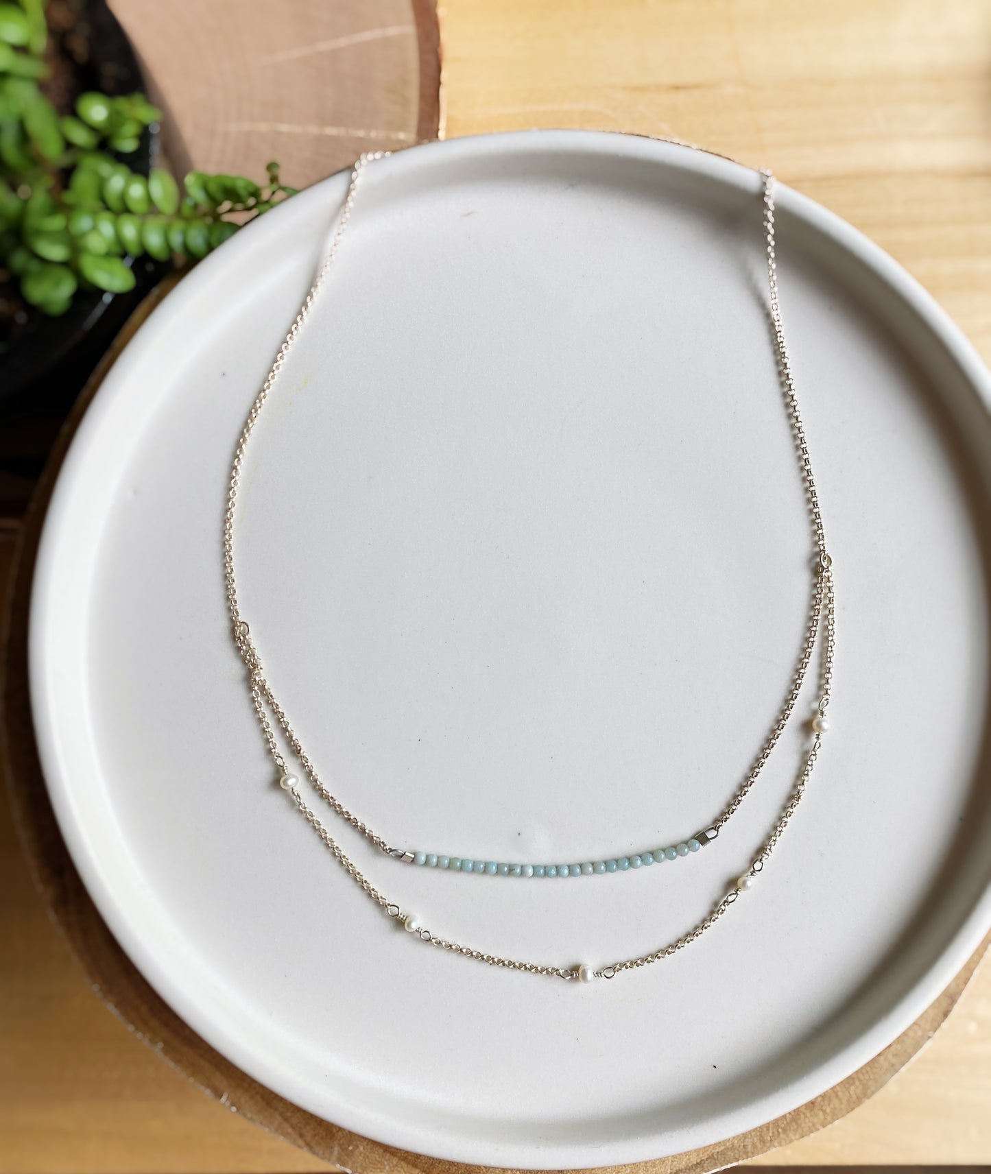 Amazonite & Freshwater Pearl Double Chain Necklace