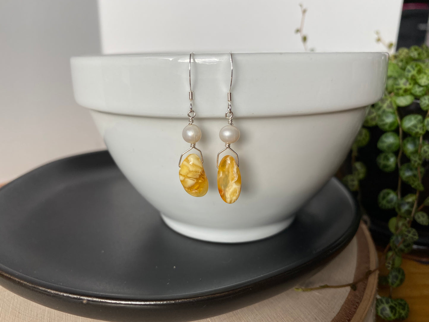 Baltic Amber & Freshwater Pearl Earrings