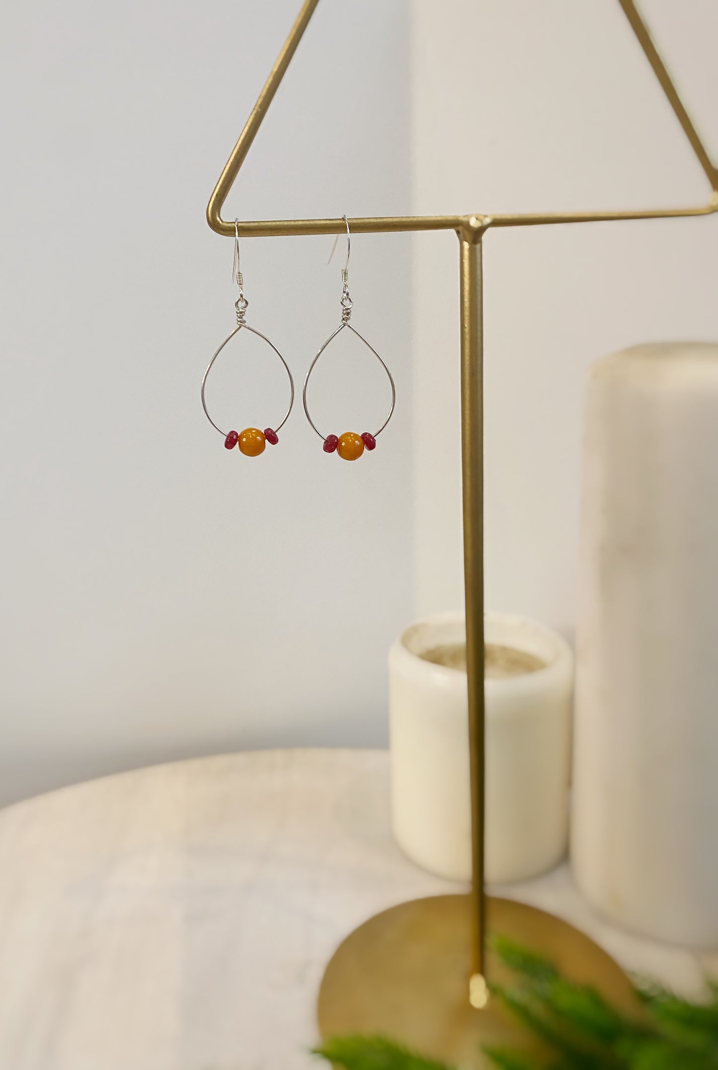 Baltic Amber & Ruby Hoop Earrings