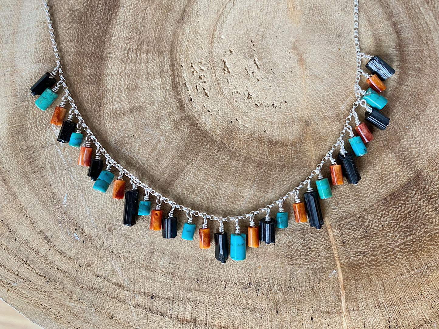 Black Tourmaline, Turquoise, & Coral Fringe Necklace