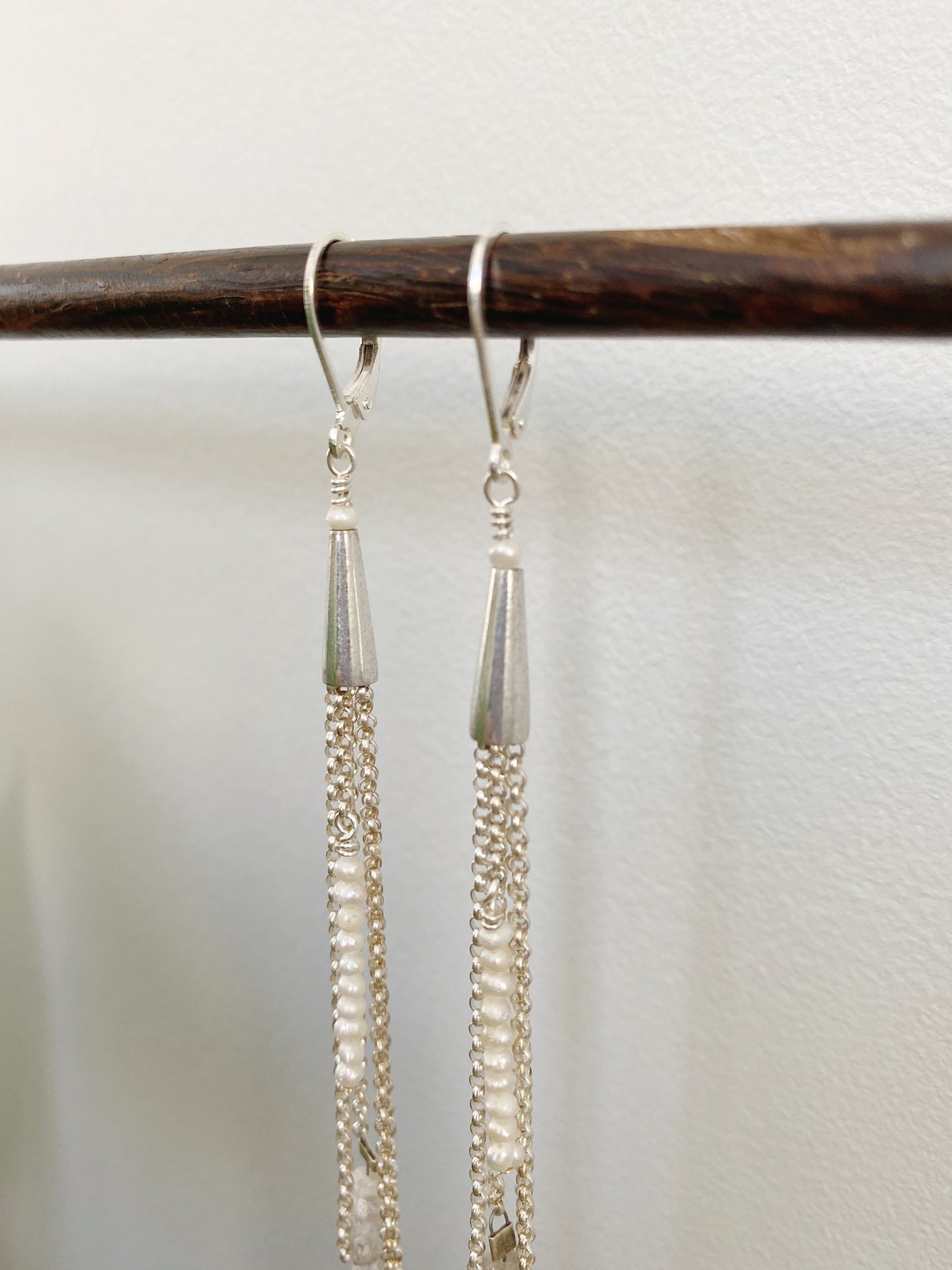 Diamond & Freshwater Pearl Chain Fringe Earrings