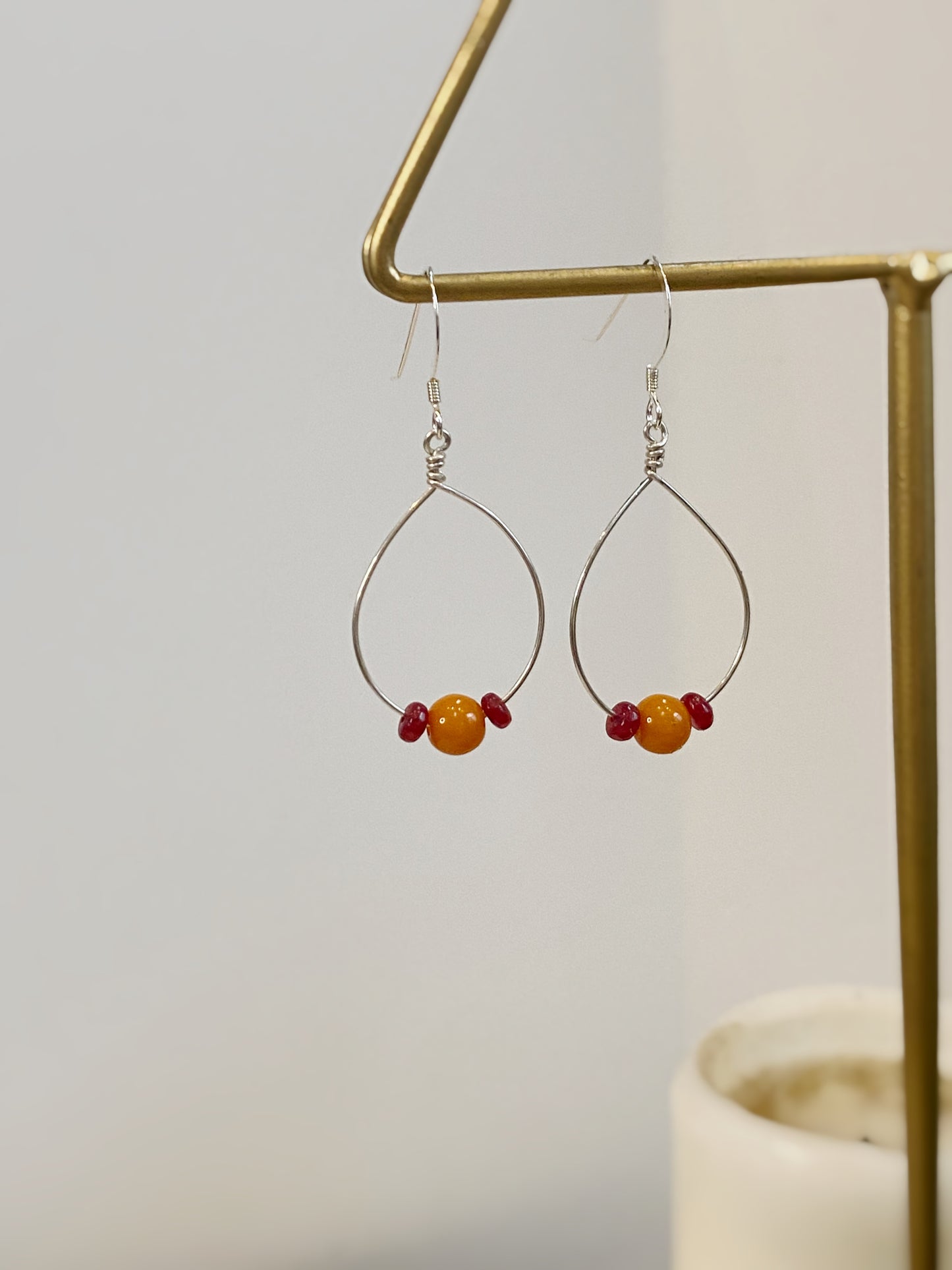 Baltic Amber & Ruby Hoop Earrings