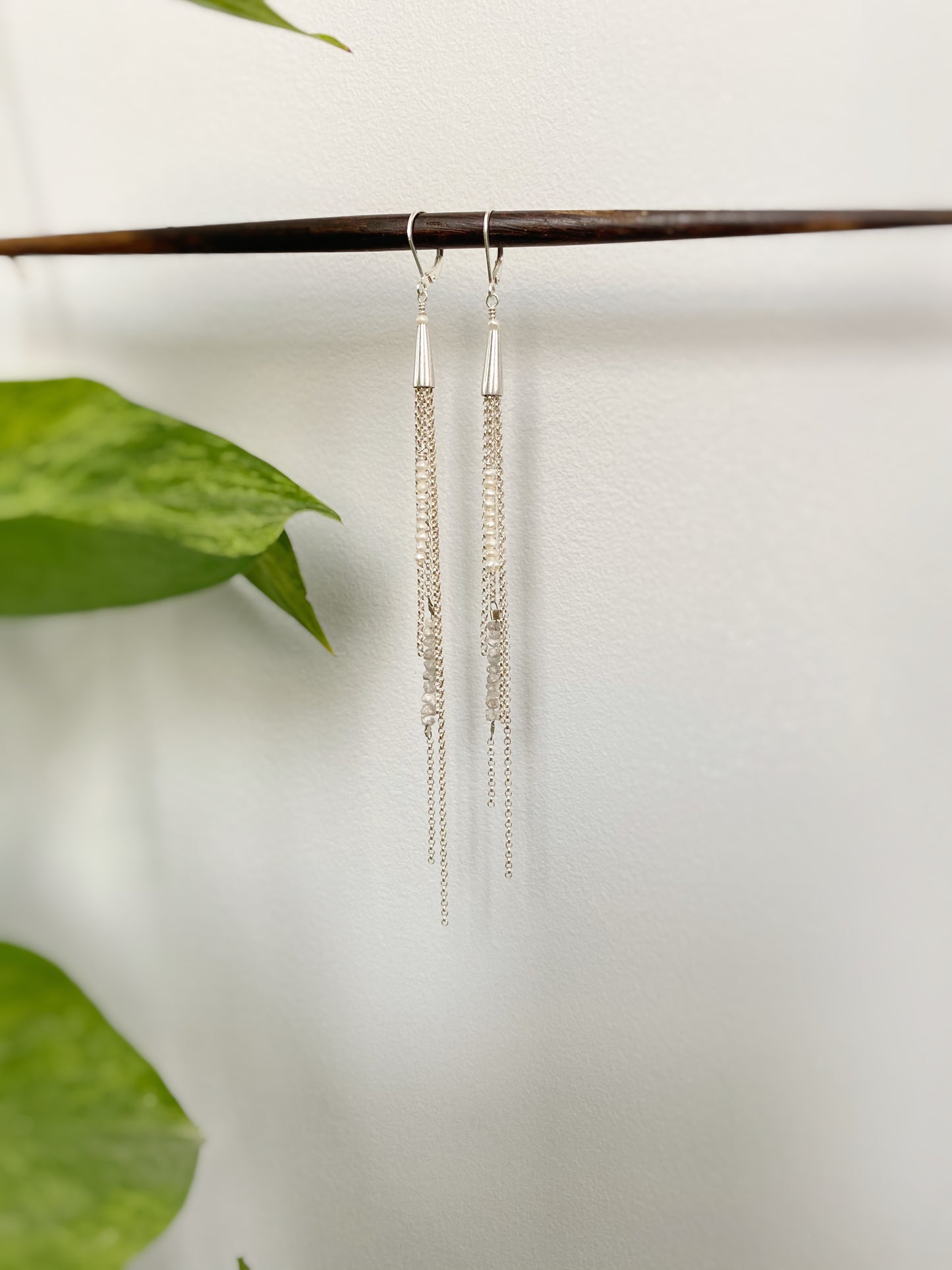 Diamond & Freshwater Pearl Chain Fringe Earrings