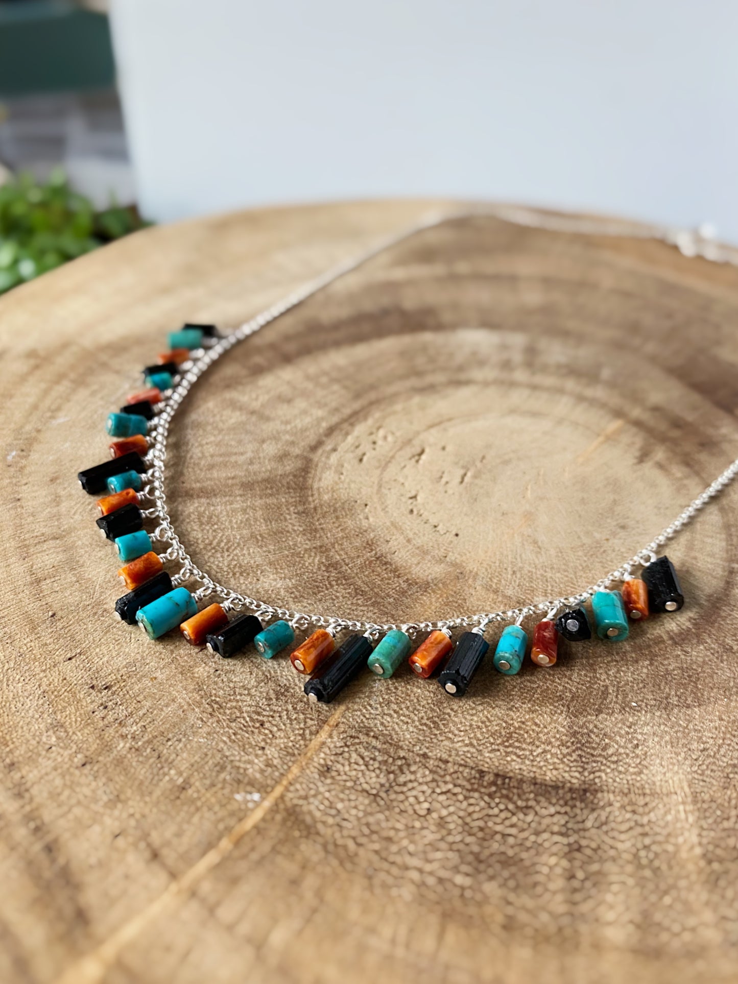 Black Tourmaline, Turquoise, & Coral Fringe Necklace