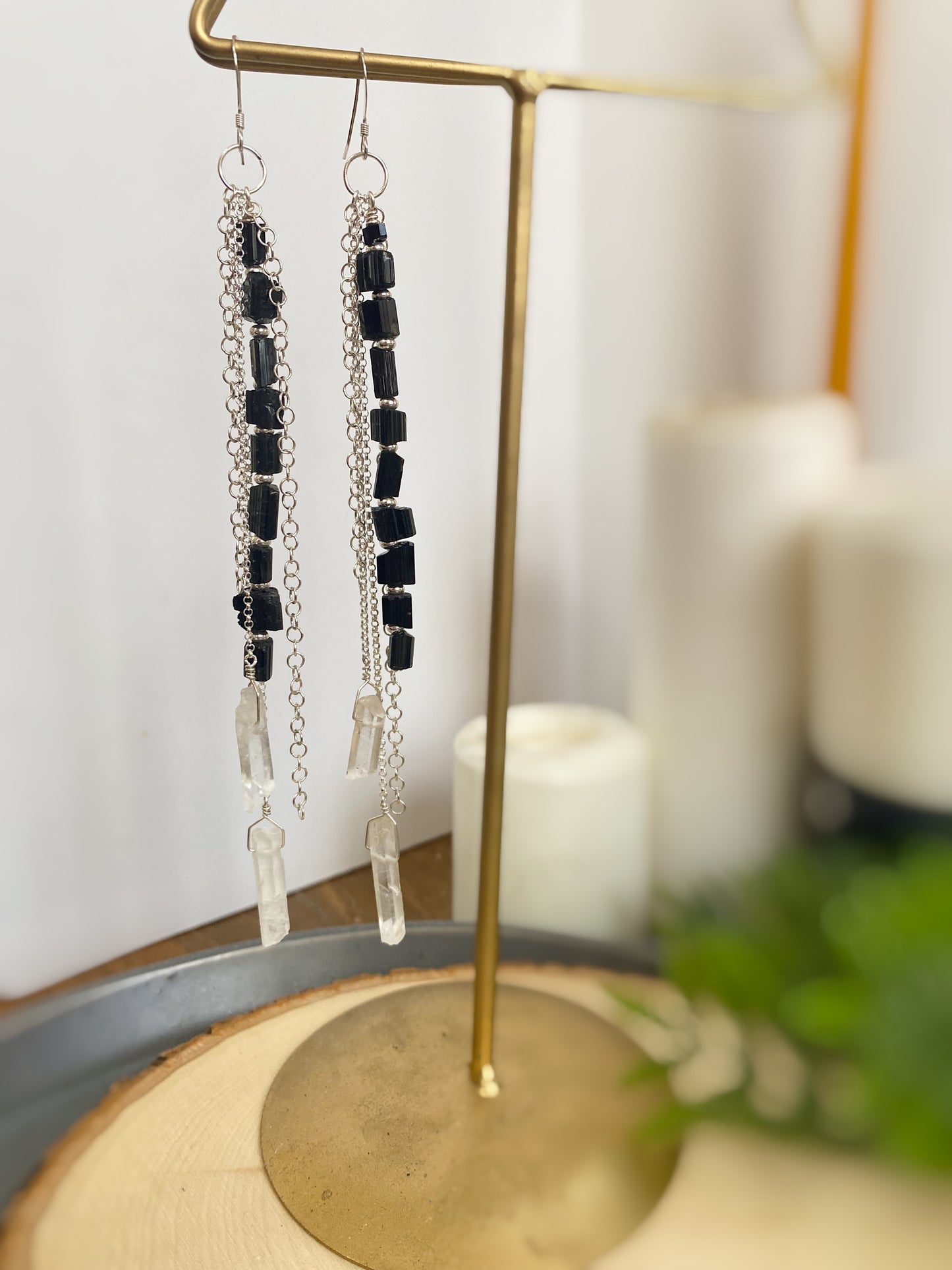 Black Tourmaline & Rock Quartz Shoulder Duster Earrings