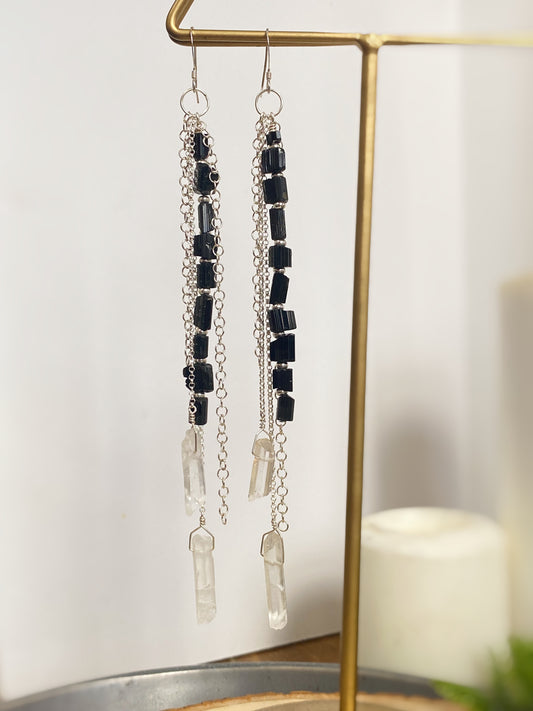 Black Tourmaline & Rock Quartz Shoulder Duster Earrings