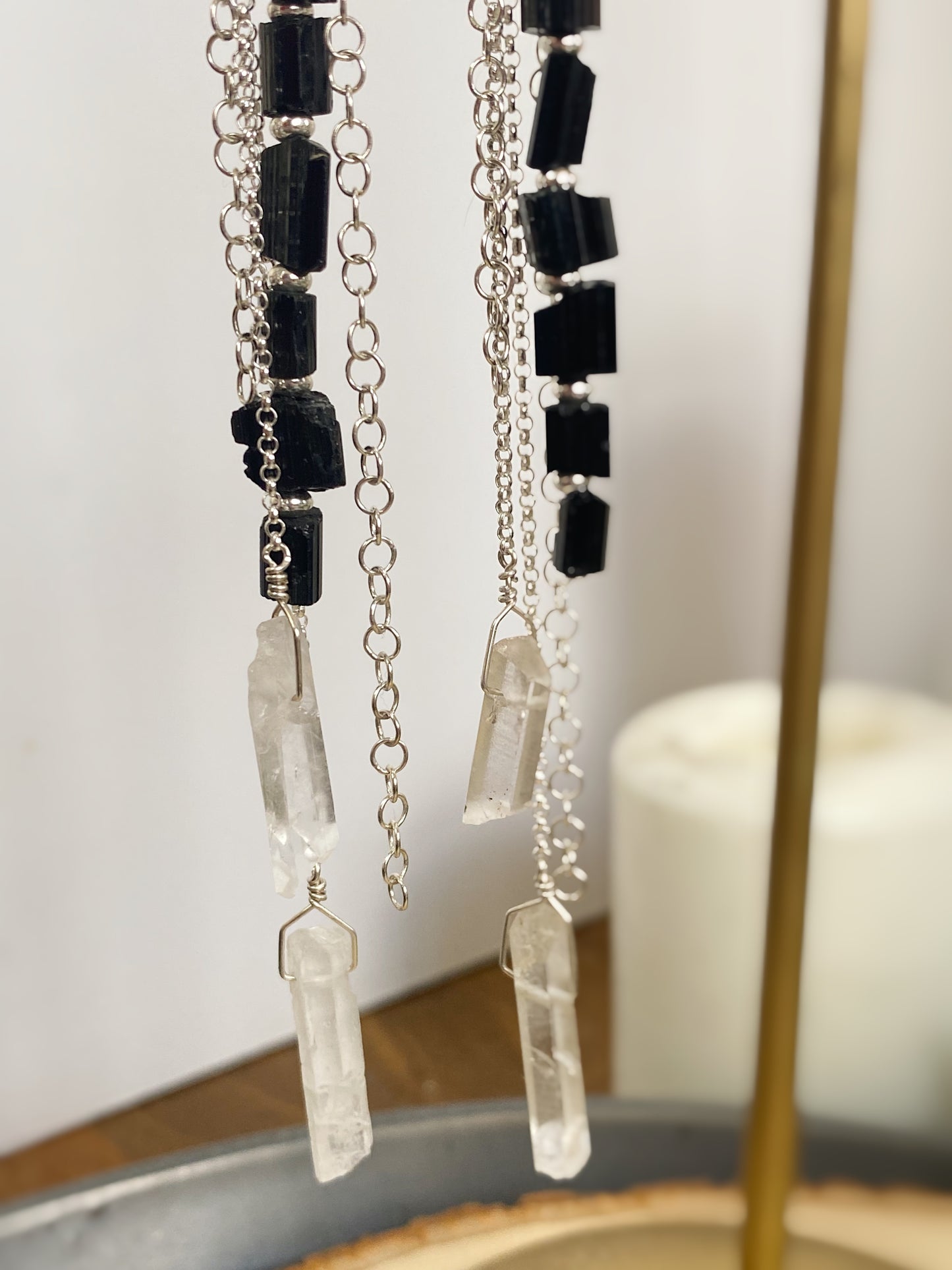 Black Tourmaline & Rock Quartz Shoulder Duster Earrings